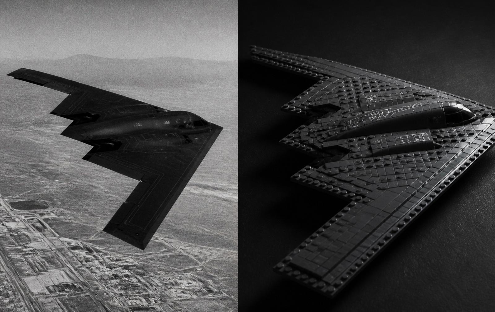 Vintage B-2 Spirit stealth bomber photograph alongside the brick-built B-2 model in matte charcoal