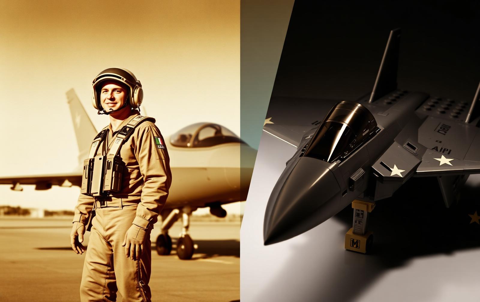 Vintage USAF pilot photo alongside the brick-built F-22 Raptor in stealth grey