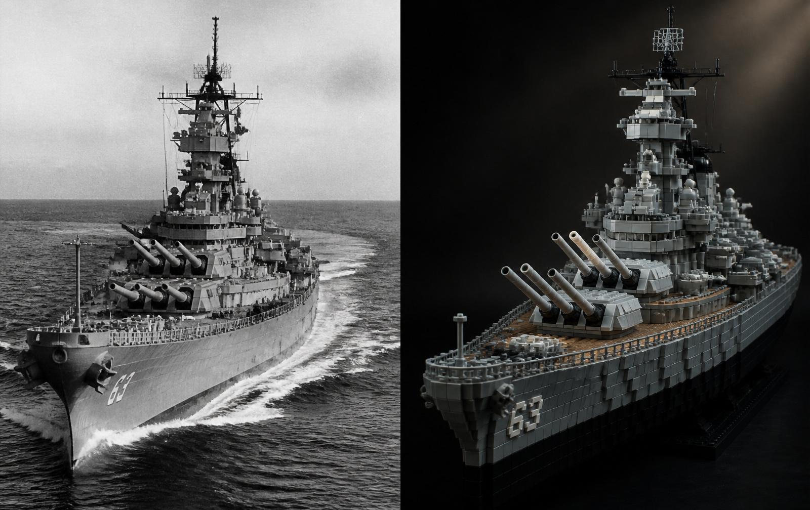 Vintage WWII photo of the USS Missouri battleship alongside the brick-built Missouri model in naval haze grey
