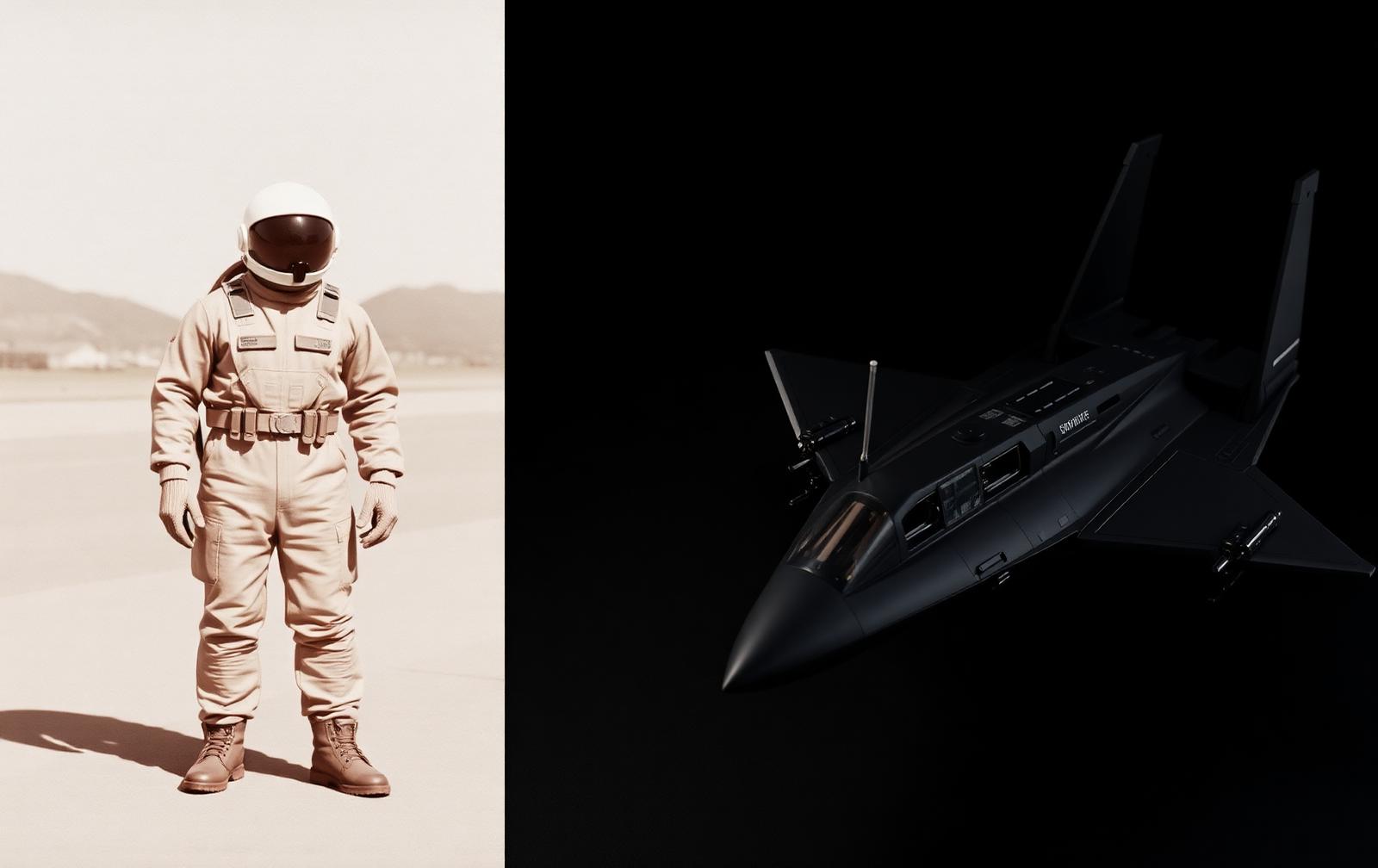 Vintage SR-71 pilot in pressure suit alongside the brick-built SR-71 Blackbird in matte black