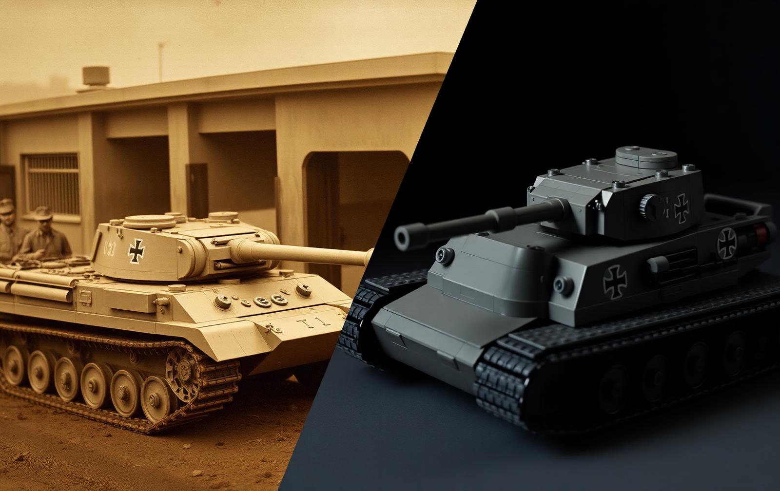Vintage Panzer crew photo alongside the brick-built Tiger I model in panzer grey