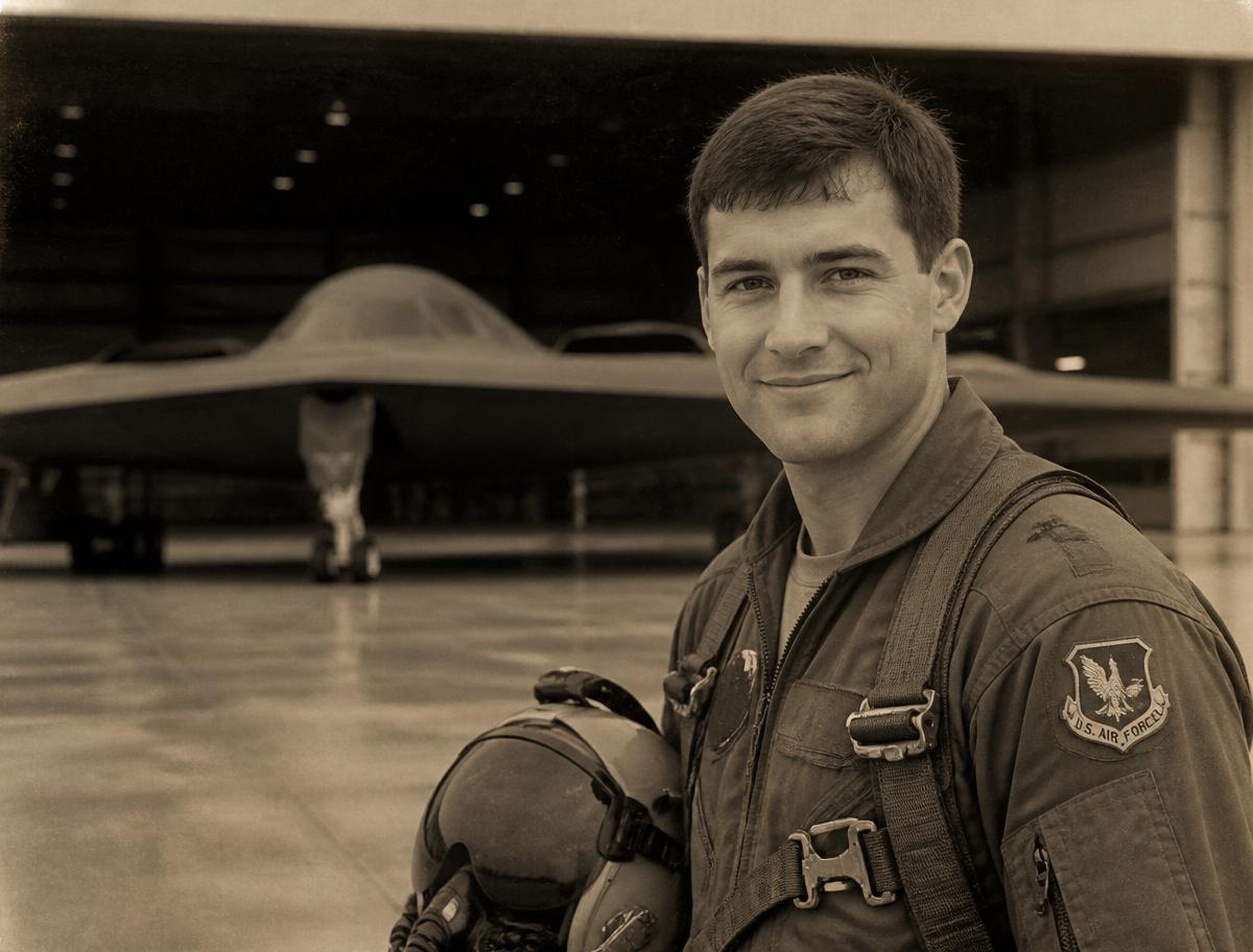 Sepia portrait of a young B-2 Spirit pilot in flight suit holding a helmet