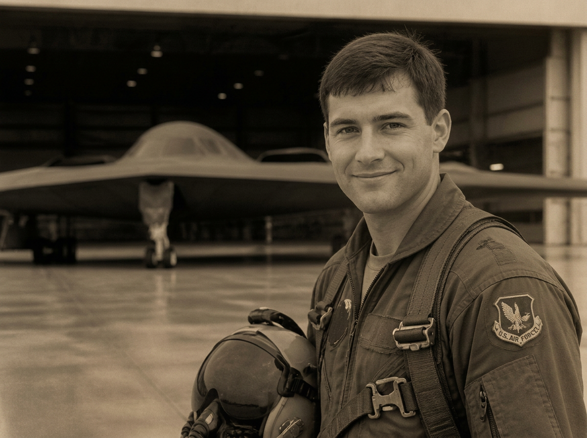 Sepia portrait of a young B-2 Spirit pilot in flight suit holding a helmet
