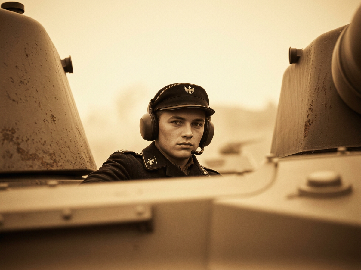 Sepia portrait of a young Panzer commander in 1944