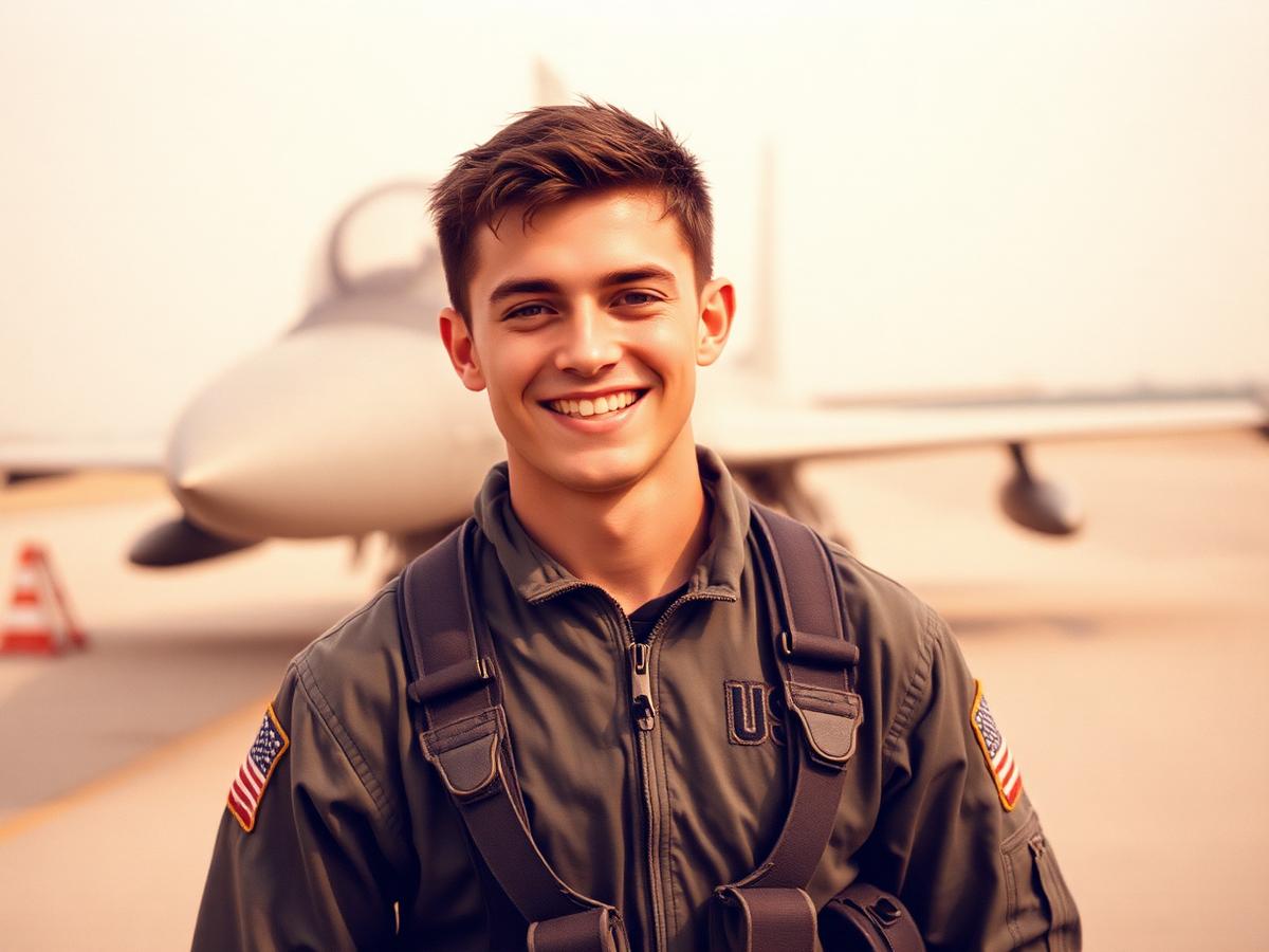 Sepia portrait of a young USAF fighter pilot in front of his jet