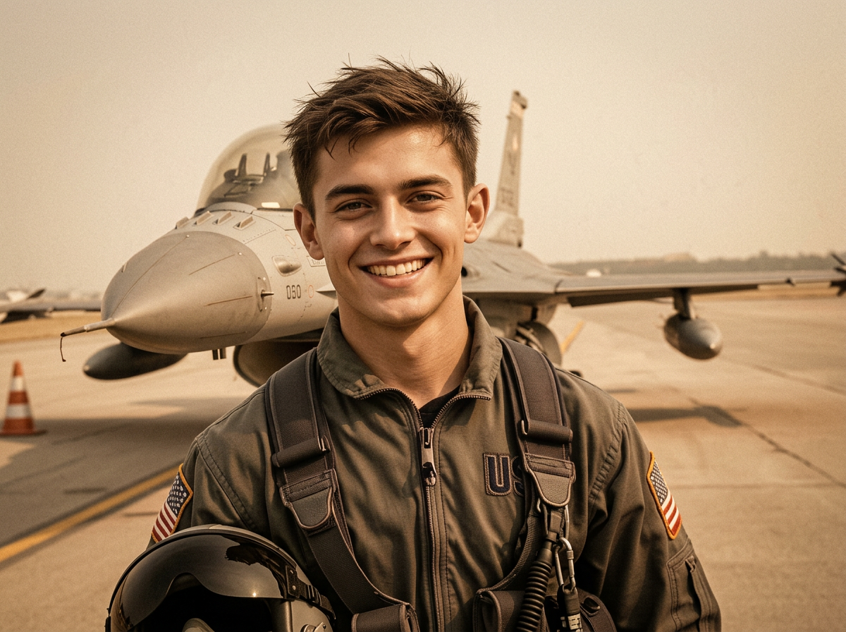 Sepia portrait of a young USAF fighter pilot in front of his jet