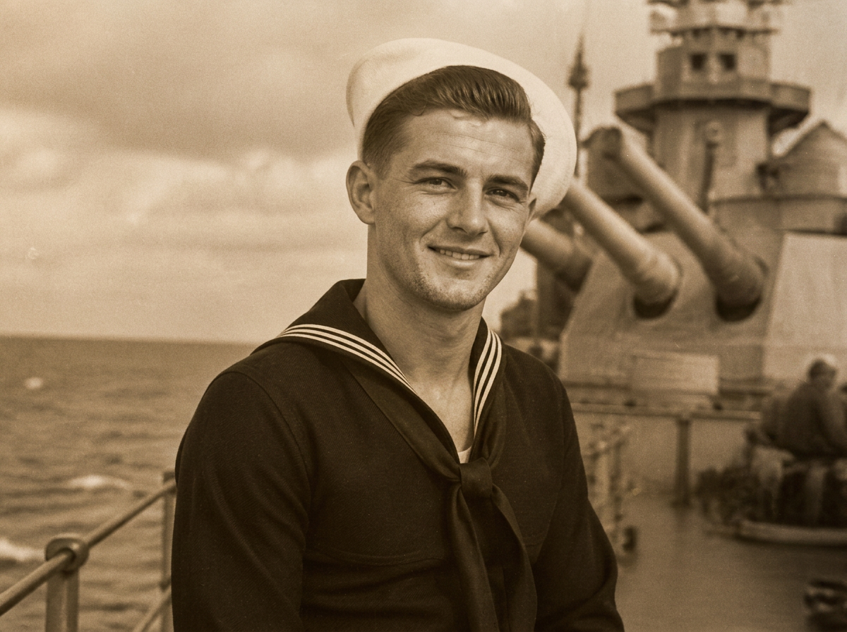 Sepia portrait of a young U.S. Navy sailor on the deck of a battleship