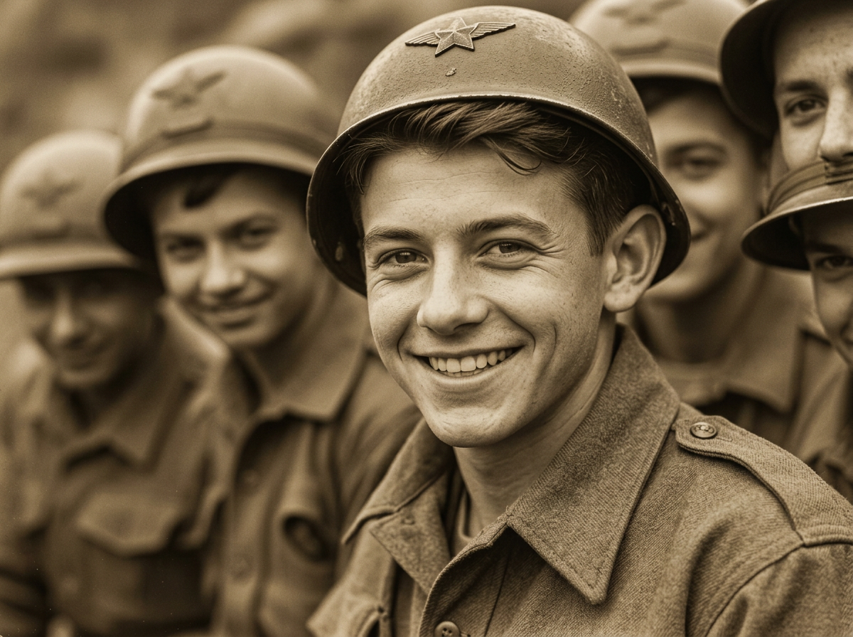 Sepia portrait of a young WW2 soldier smiling with his squad
