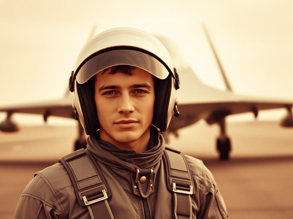 Sepia portrait of a young SR-71 pilot in high-altitude pressure suit
