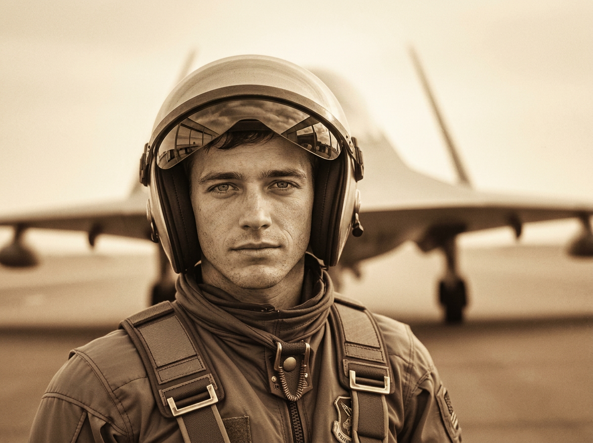 Sepia portrait of a young SR-71 pilot in high-altitude pressure suit